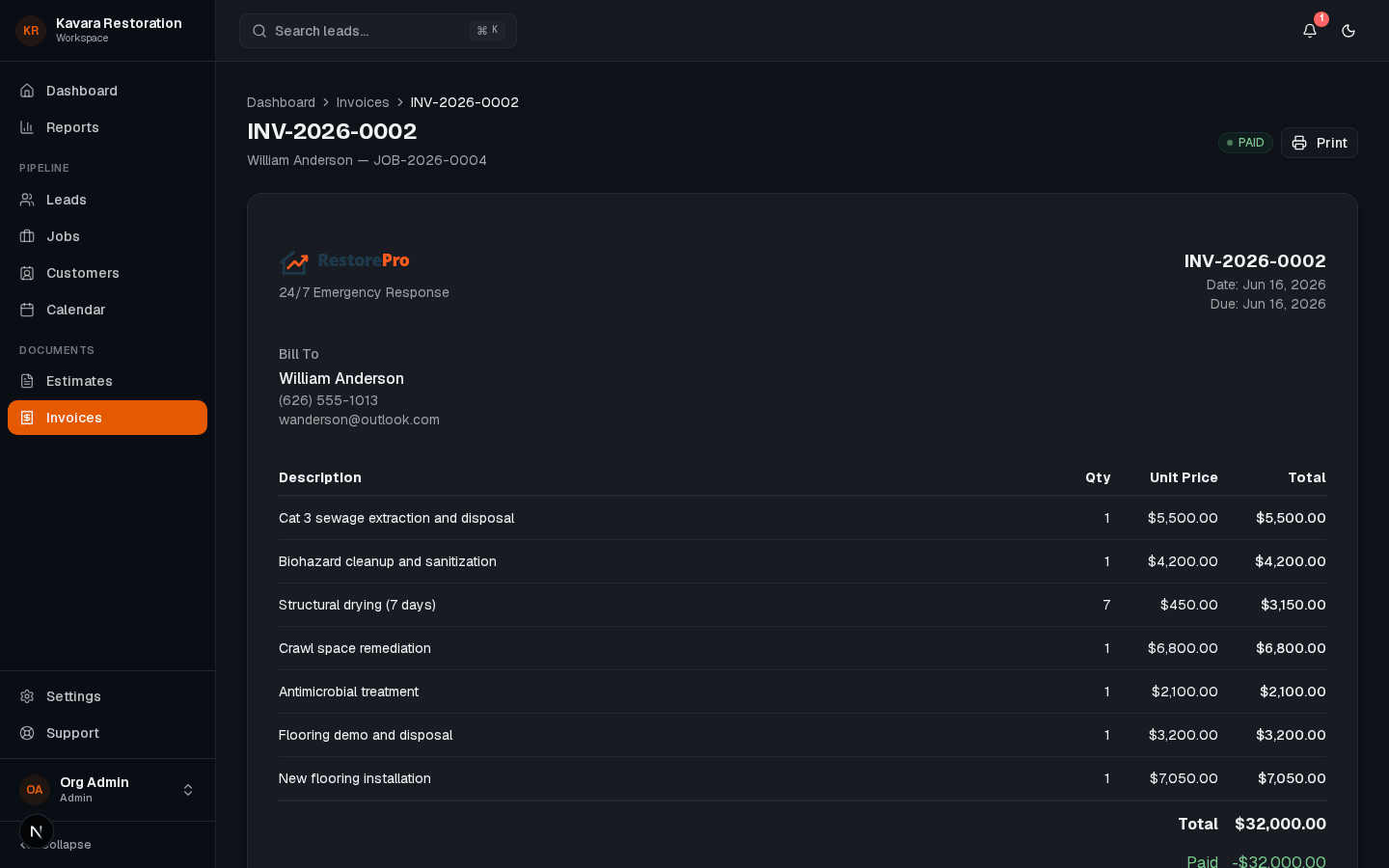 RestoPath invoice with line items, totals, and payment status