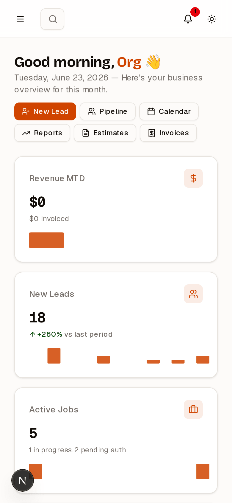 RestorePro mobile app dashboard