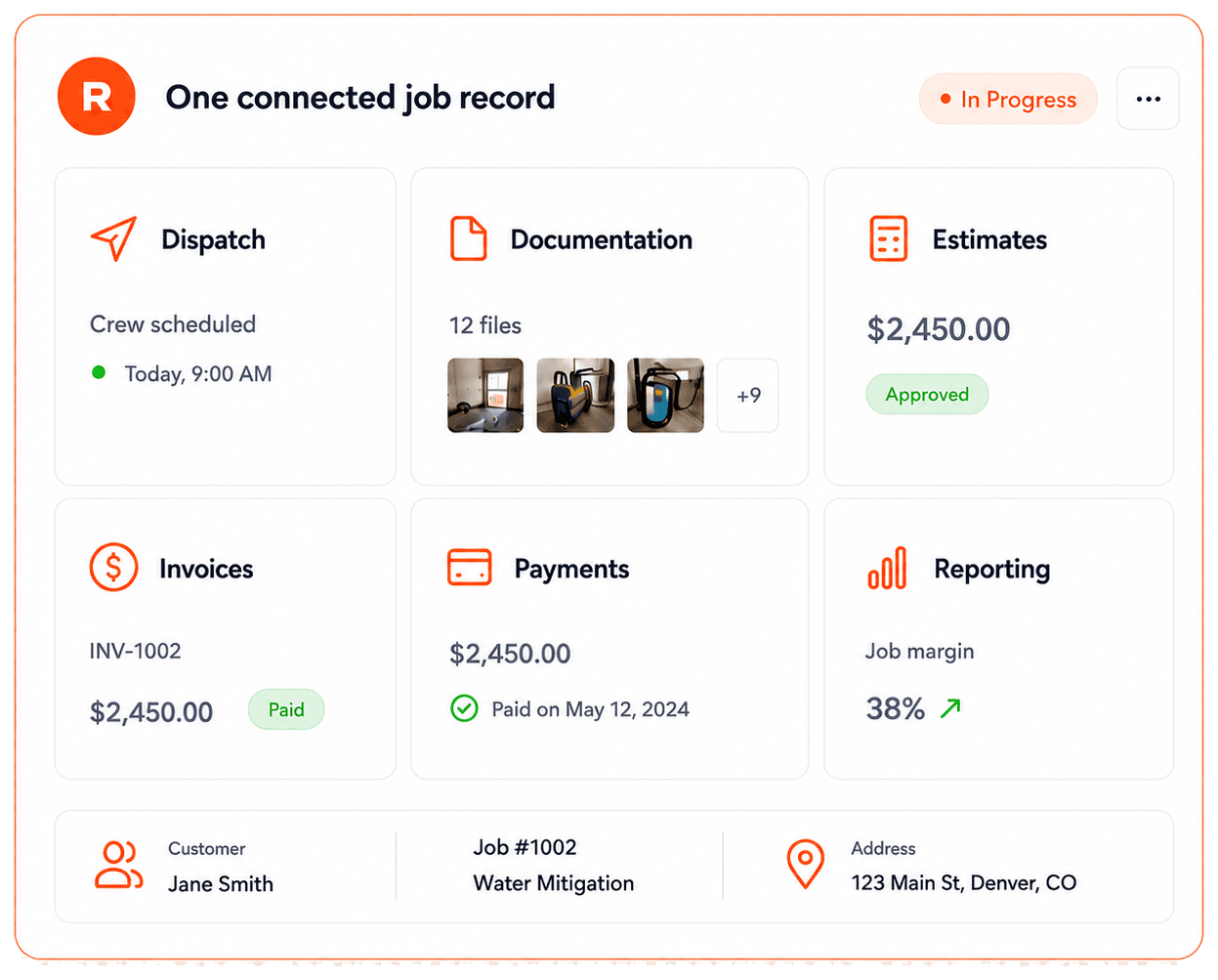 RestoPath connected job record dashboard showing dispatch, documents, estimates, invoices, payments, and reporting for Job #1002