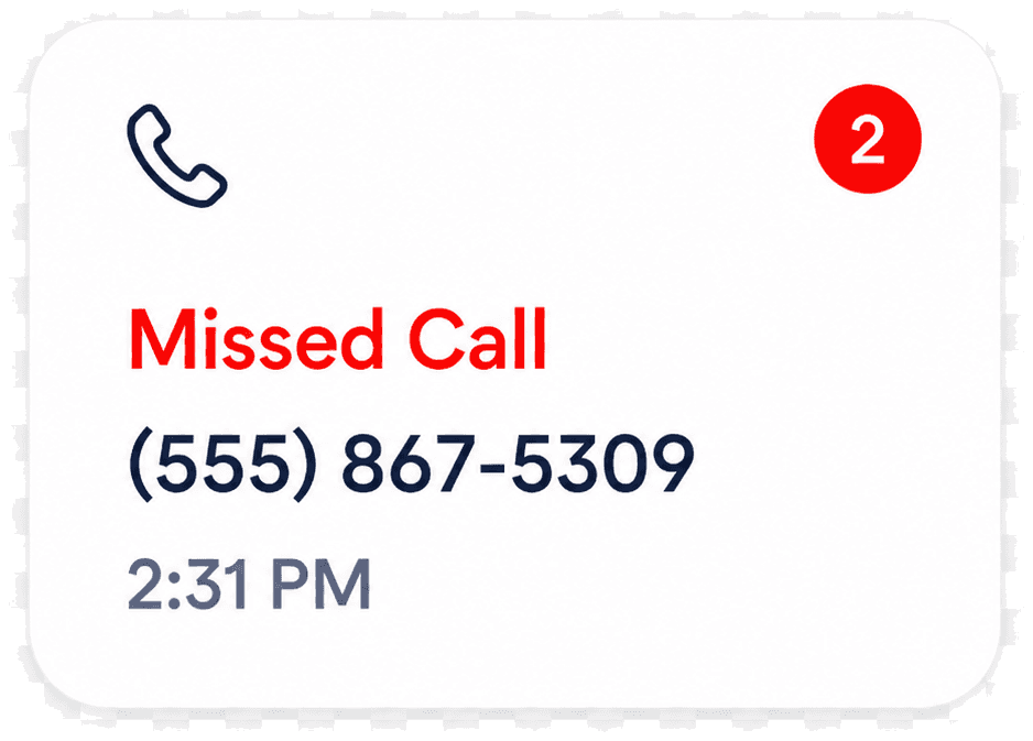 Missed call notification card